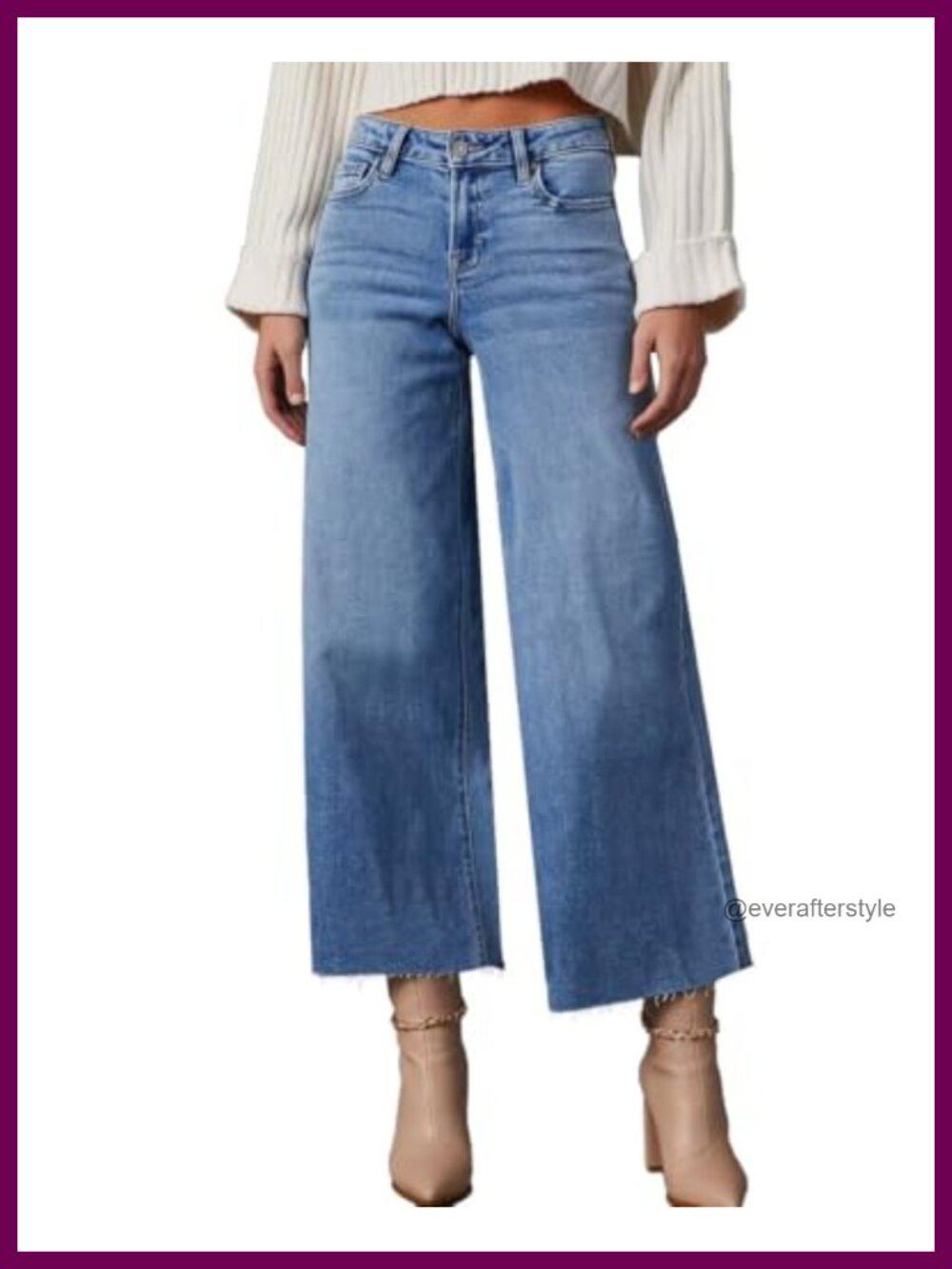 High Waisted Wide Leg Ripped Capri Jeans Raw Hem Stretch Denim